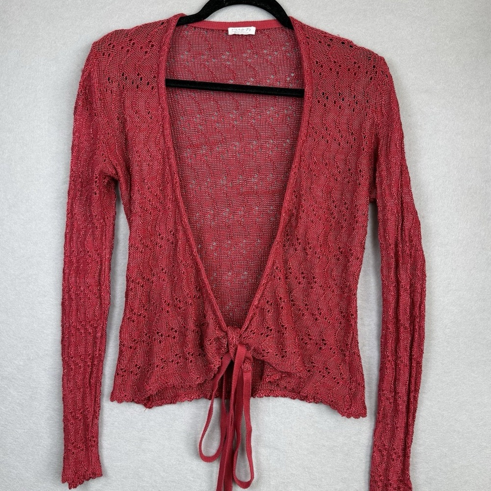 Vtg Open Knit Bolero Shawl Tie Front Red Cardigan Y2K Sz L? Made In Brazil Boho